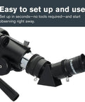 80mm Travel Scope Telescope Kit With Backpack And Smartphone Adapter For Beginners, Crisp Views Of The Moon And Planets, Lightweight Refractor With Fully Coated Glass Lenses, Travel Ready Gear For Daytime Skies And Easy Astronomy. Telescope tube and eyepiece close-up, easy setup