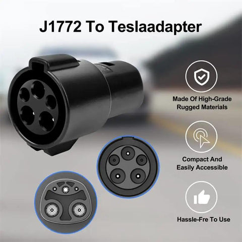J1772 To Tesla Adapter Level 1 Level 2 EV Charger showing compact design and durable materials for easy charging.