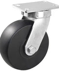 Heavy Duty Kingpinless Swivel Plate Caster With Eight Inch Non Marking Nylon Wheels That Roll Like A Dream And Handle Five Thousand Four Hundred Pounds Without Breaking A Sweat For Daily Grind Work, shown from side view.