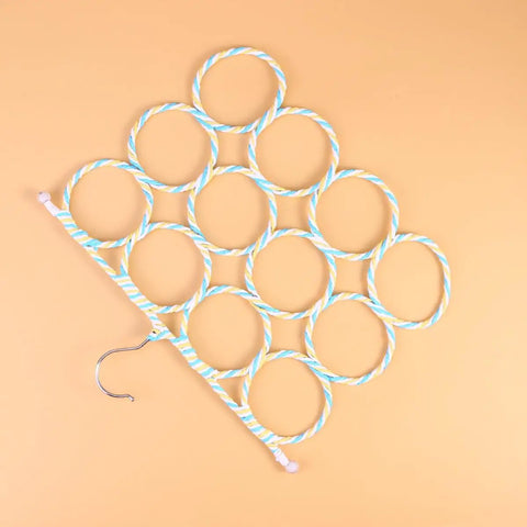Double Sided Scarf Hanger Closet Organizer Foldable Paper Rattan 12 Ring Tie Holder showing blue and white rattan rings with steel hook.