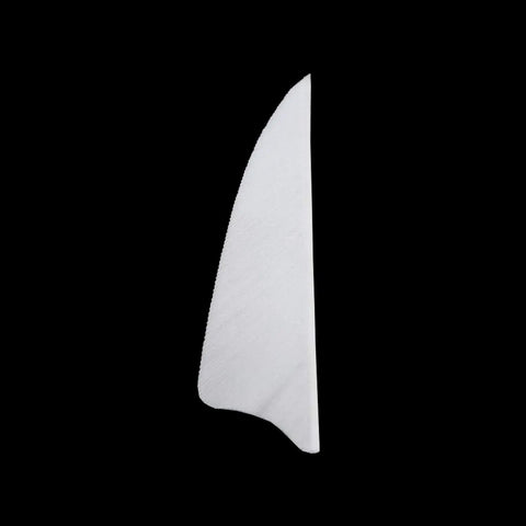 Close-up of a white shield-cut right wing feather from 3 Inch Real Feather Fletching Arrows With Shield Cut Right Wing For DIY Archery Hunting And Target Shooting Shafts White Color Pack Of 36 For Target Practice And Accuracy.