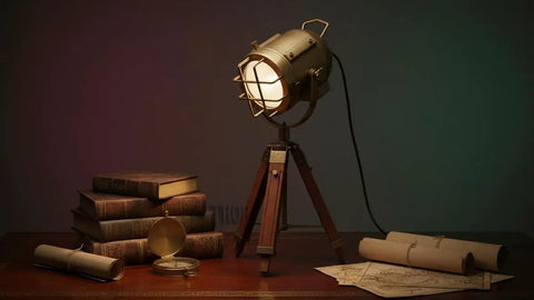 Dope Vintage Industrial Tripod Table Lamp With Teak Wood Base, Brown Brass Finish, And Rustic Gold Accent on desk