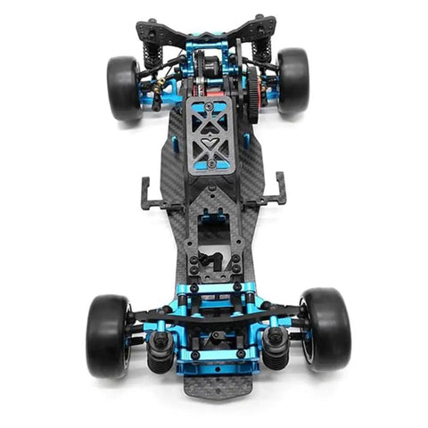 Rear Wheel Drive Drift Frame Kit For One-Tenth Scale Mini RC Cars with carbon fiber and alloy parts, top view.