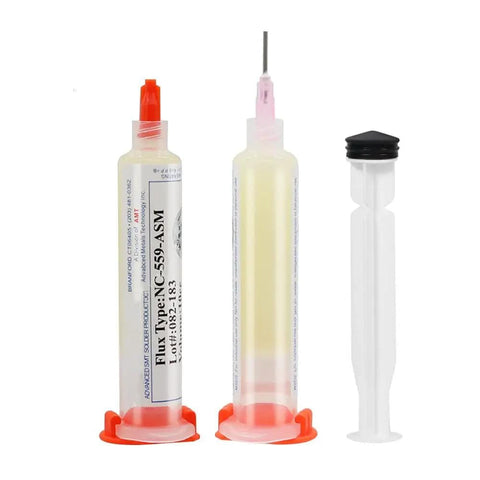 No Clean Flux Gel Paste for Soldering with Needle Dispensing Tool 559 ASM No Clean Solder Flux Tin Paste shown with two syringes and needle