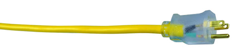 Close-up of plug on All Purpose Outdoor Extension Cord 50 Ft 12 Gauge 3 Prong Heavy Duty SJTW Yellow Cable With High Visibility Jacket