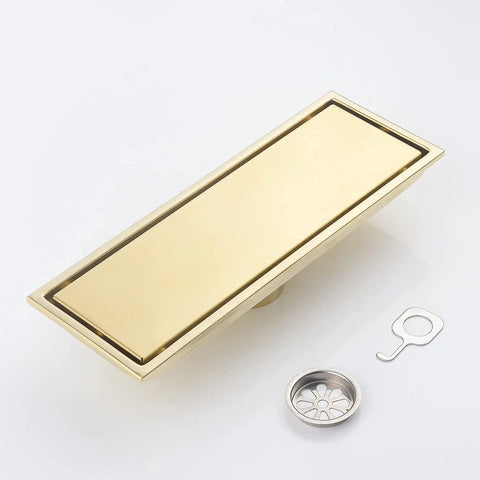 12 Inch Brushed Gold Shower Drain With Tile Insert Grille Detachable Hidden Cover SUS304 Stainless Steel Rectangular Floor Drain High Flow Hubless Easy Clean No Fuss
