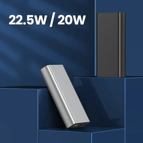 DIY Custom Polymer Battery Charging Case For Two 1260110 Cells Offering Hella Fast 22.5W PD Bidirectional Power Delivery With A Slick Led Digital Display Inside A Rock Solid Aluminum Alloy Frame And Multiple Usb Outputs. Dual-cell portable charger in silver and black, showcasing sleek design and output specs.