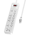 Boss Level Surge Protector Power Strip Featuring Hella Spacious 12 Outlets And 2 Usb Ports Plus A Six Foot Extension Cord And 2390 Joules Of Reliable Protection For All Your Gaming Gear And Desk Gadgets, white surge protector with outlets and USB ports.