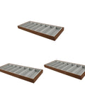 Keep Your Gear Sorted With This Hella Practical 3 Piece Wooden Sunglasses Display Stand Featuring Seven Grid Compartments And Soft Cloth Lining For Shades Jewelry And Watches - Three wooden trays with soft interiors and seven compartments.