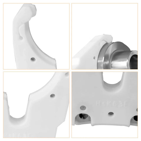 Close-up of HSK63F Clamp Set Five Piece Nylon Iron ABS White Tool Holder Claw for CNC Machining Center and Woodworking Engraving Machines.