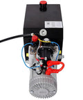 12V Double Acting Hydraulic Power Unit 3HP DC Motor 6 Quart Steel Tank SAE#6 Connector top view with electric connections.