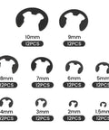 120 Pcs E Clips Assortment Set Heat Treated External Retaining Clips Manganese Steel Snap Rings Kit With 10 Sizes For Bearings Gears Pulleys And Axles Heavy Duty Maintenance display showing various sizes of E-clips from 1.5mm to 10mm.