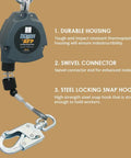 No Nonsense 11 Ft Single Leg Self Retracting Lifeline featuring smooth galvanized steel cable and heavy duty double latch snap hook.