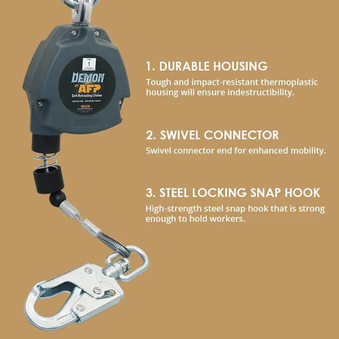 No Nonsense 11 Ft Single Leg Self Retracting Lifeline featuring smooth galvanized steel cable and heavy duty double latch snap hook.