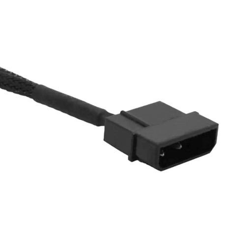 Close-up of 2 Pack 4 Pin To Dual 3 Pin And 4 Pin PWM PC Case Fan Splitter Cable For 12V Cooling with black sleeved connector