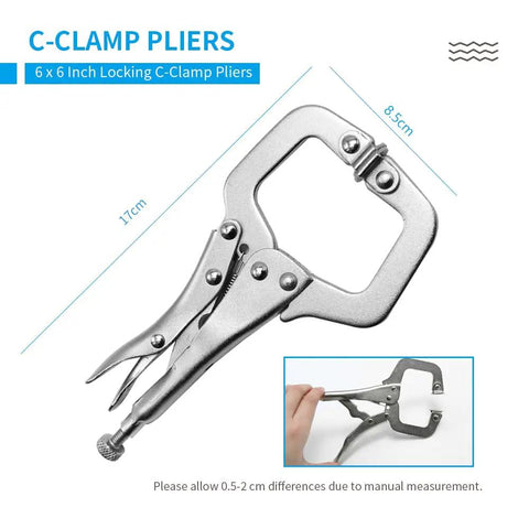 Six Inch Locking C Clamps With Swivel Pads, Heavy Duty Locking Pliers Set For Craftsmen And Home Workshops, 6 Pack, shown with dimensions.