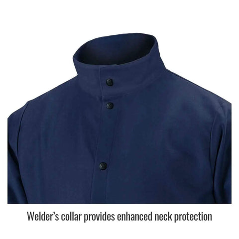 REVCO FN9 30C 30 Inch Navy Flame Resistant Cotton Welding Jacket 9 Oz FR Fabric with reinforced leather collar, front view