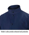 Close-up of collar on 30 Inch Navy Flame Resistant Cotton Welding Jacket With Scribe Pocket Inside Pocket Leather Reinforced Snaps