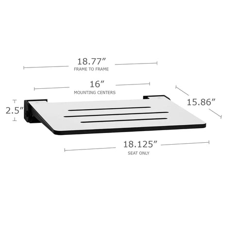 18 Inch SlimLine Folding Wall Mount Shower Bench Seat With White Phenolic Seat And Matte Black Frame, Easy Fold