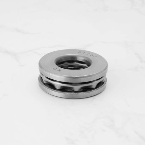 Front view of two stacked YINETTECH 51203 thrust ball bearings with washers; 17mm bore, 35mm OD, 12mm thick