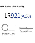 LR921 AG6 button battery specifications with 9.5mm diameter and 2.1mm thickness for Top Shelf 10 Pack 1.5V Button Coin Cell Watch Batteries.