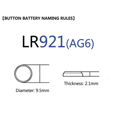 LR921 AG6 button battery specifications with 9.5mm diameter and 2.1mm thickness for Top Shelf 10 Pack 1.5V Button Coin Cell Watch Batteries.