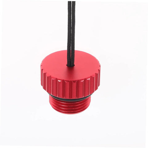 Red aluminum scuba air tank valve cover with cord, part of Two Pack Scuba Air Tank Valve Cover Protectors Lightweight Durable Valve Caps For Scuba Gear Shield Your Tank From Dings And Debris Easy On And Off Perfect For Long Dive Sessions.