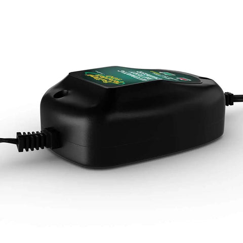 800 Milliampere SuperSmart Battery Charger And Maintainer That Constantly Monitors Charges compact black design angled view