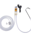 USB Electric Auto Siphon Self Priming Pump For Bottling Your Home Brew Beer Wine Beverages And Kombucha Food Grade Water Transfer Pump With 6.5 Feet Hose Flow Rate 2 Liters Per Minute Low Noise No Cap, showing pump, hose, and USB cable, metal hook attached