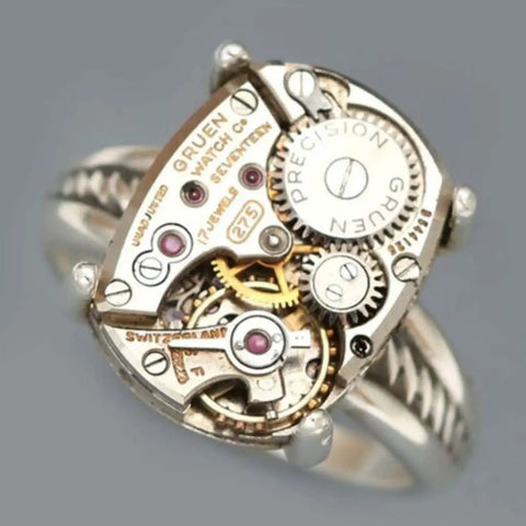 Steampunk Gear Ring With Time Traveler Design Metal Alloy Mechanical Ring showcasing intricate gold gearwork detail.
