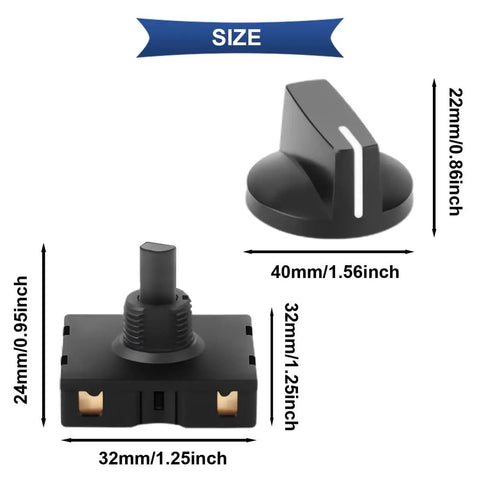 Four Pack Rotary Switches Rated 13 Amps At 125 Volts And 10 Amps At 250 Volts, shown with knob and size dimensions.