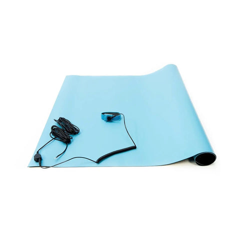 ESD High Temperature Mat Kit For Electronics Workbench Pro Grade 2 Feet Wide 4 Feet Long Zero Point Zero Eight Inches Thick Blue With Wrist Strap And Grounding Cord RoHS And REACH Compliant Assembled In USA
