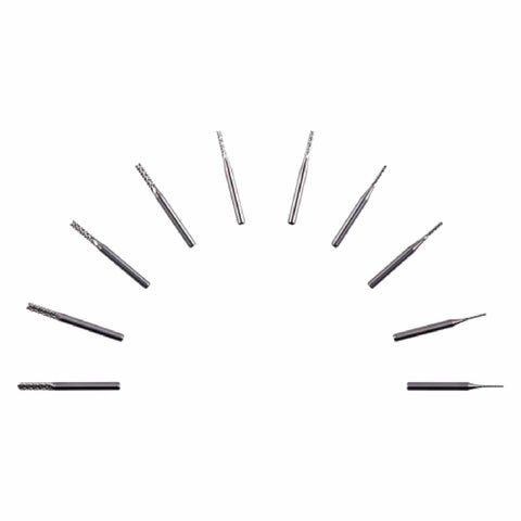 10 Pieces CNC End Mill Bit Set Carbide Router Bits for PCB Milling Mini Drill Bits arranged in a semicircle on white background