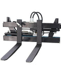 Heavy Duty Skid Steer Hydraulic Pallet Forks Featuring Hella Smooth Adjustable Tines for tight warehouse lifting and stacking.