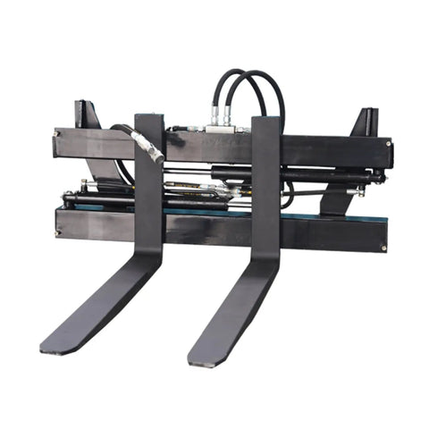 Heavy Duty Skid Steer Hydraulic Pallet Forks Featuring Hella Smooth Adjustable Tines for tight warehouse lifting and stacking.