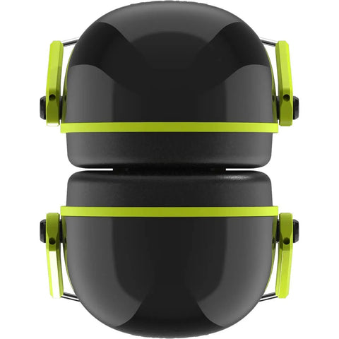 Adjustable Over-The-Head Hearing Protection Earmuffs With 26 dB NRR, black with green accents, front view