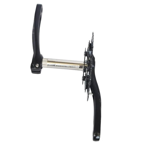 Side view of triple chainring crankset with bottom bracket for road and mountain bikes eight and nine speed M430 black