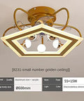 Sleek Pentagonal Ceiling Fan Light Combo Featuring Whisper Quiet DC Motor Kickin Breeze And Heavy Duty Iron Build Perfect For Living Spaces In Polished Silver Or Antique Gold Finish with stylish acrylic trim.