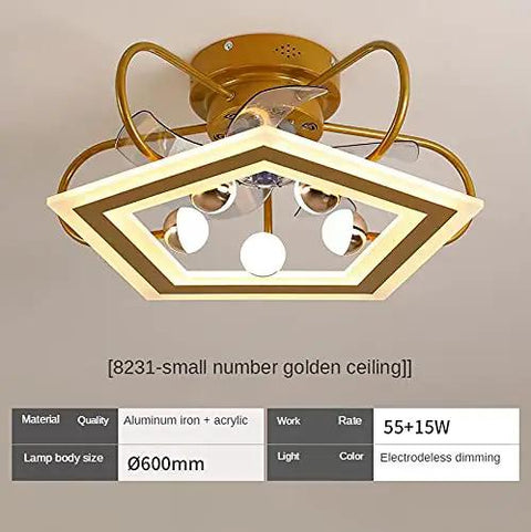 Slick Pentagonal Ceiling Fan With Ambient Glow And Smooth Mute Motor For Chill Living Rooms Featuring Top Shelf Quiet Airflow And Fresh Gold Coffee Finishes That Bring Real Deal Cooling Vibes To Your Home viewed from below with integrated LED light.