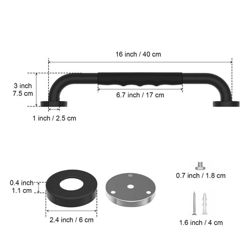 Diagram of 2 Pack 16 Inch Anti Slip Shower Grab Bars With Rubber Grip Stainless Steel Matte Black Wall Mount Handrail dimensions