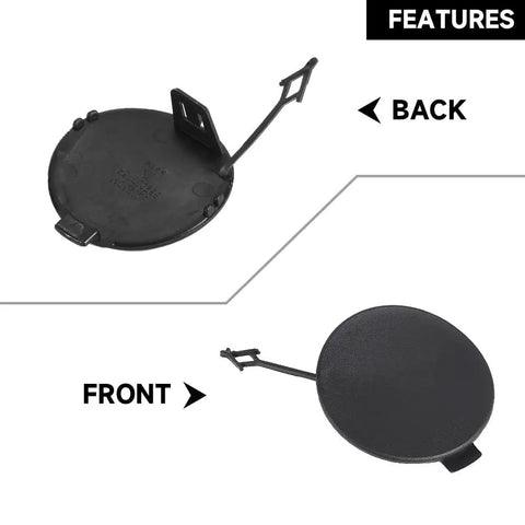 Back and front view of Jeep Cherokee Rear Bumper Tow Hook Cover Cap For 2014 2015 2016 2017 2018 L4 2.4L Gas And 3.2L V6 Gas Direct Fit Beefy Durable ABS Plastic Eye Hole Protector OE 68203273AE
