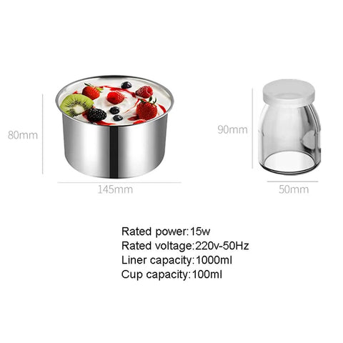 Fully Automatic Yogurt Maker With Stainless Steel Inner Tank And Precision Heating Delivers No Sweat Fresh Dairy Creations Daily showing a stainless steel liner with yogurt and fruits.