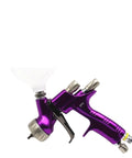 Top Shelf Air Spray Paint Gun Featuring A 1.3mm And 1.5mm Dual Nozzle Setup For Slick Varnish Coating And Smooth Finish Heavy Duty Gold Bodied Tool With Extra Grip Knockout Project Essential with purple body and cup.