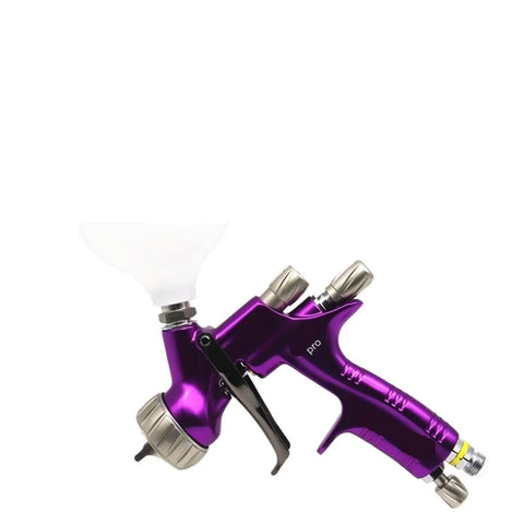 Top Shelf Air Spray Paint Gun Featuring A 1.3mm And 1.5mm Dual Nozzle Setup For Slick Varnish Coating And Smooth Finish Heavy Duty Gold Bodied Tool With Extra Grip Knockout Project Essential with purple body and cup.