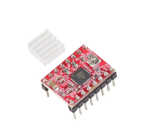 Three Pack A4988 Stepper Motor Driver Boards With Integrated Heat Sinks for reliable microstepping with a red circuit board and aluminum heat sink.