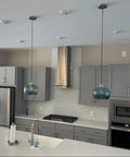 Hand Blown Glass Pendant Light For Kitchen Island And Sink In Grey Blue With Brushed Nickel Hardware Cool Farmhouse