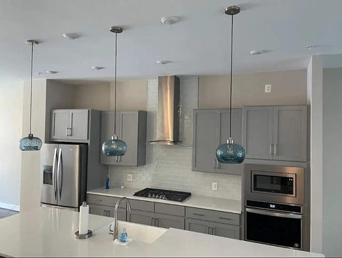 Hand Blown Glass Pendant Light For Kitchen Island And Sink In Grey Blue With Brushed Nickel Hardware Cool Farmhouse