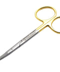 Curved 4.5 Inch Scissors With Tungsten Carbide Inserts, Gold Plated Handle, Pro Grade Crafting Shears For Arts, Sewing, Tailoring, And Fabric Cutting, Extra Sharp And Durable. Curved 4.5-inch gold-handled scissors on white