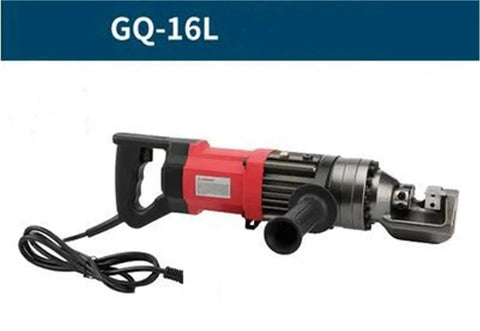 Heavy Duty GQ-16L Electric Rebar Cutter With Mighty All-Copper Motor shown from side angle, showcasing cutting head and handle.