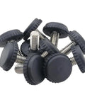 Stainless Steel Adjustable Furniture Levelers 10 Pack 5/16-18 Screw In Threaded Feet with black bases shown from top view